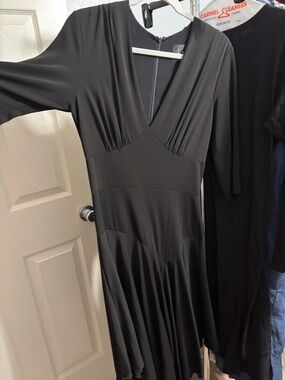 Nicole Miller Black V-Neck Midi Dress with Draped Skirt